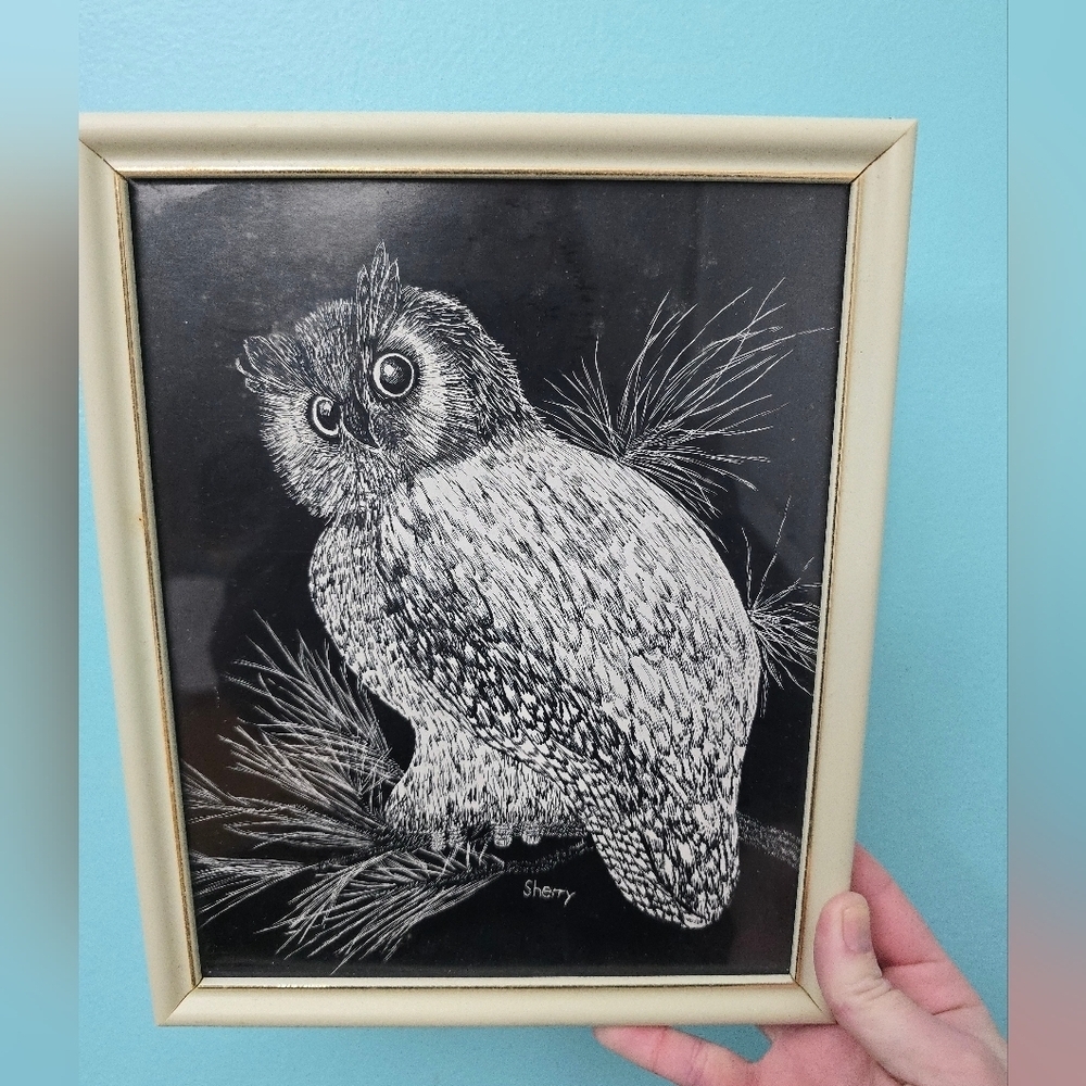 Vintage MCM Owl picture Etched 11”x 8.5” Framed Print by Sherry mid century